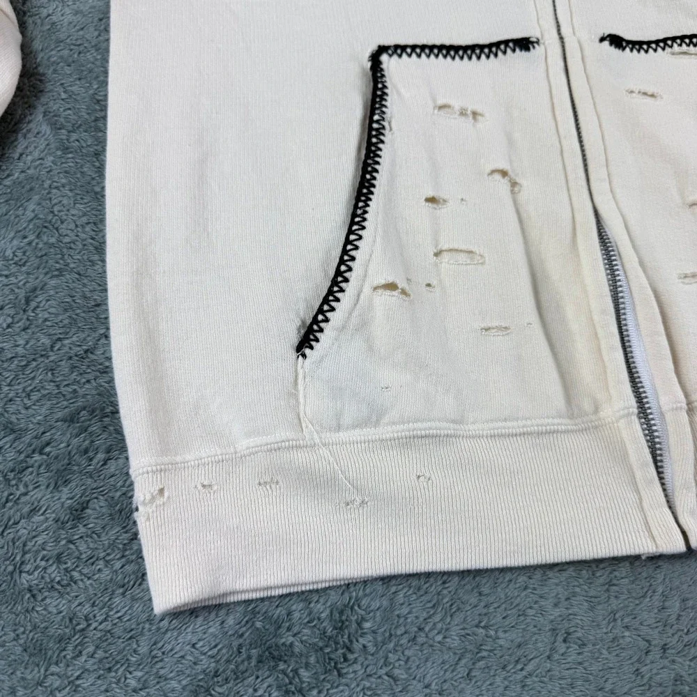 Free People x Tricia Fix Distressed NYC Hoodie Cream Repurposed Vintage XS‎ Zip